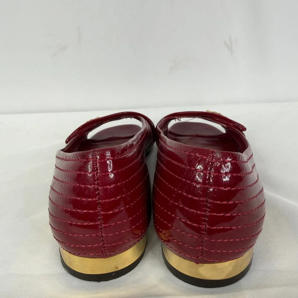 Tory Burch Red Patent Leather Quilted Open Toe Logo Medallion Flats Shoes
